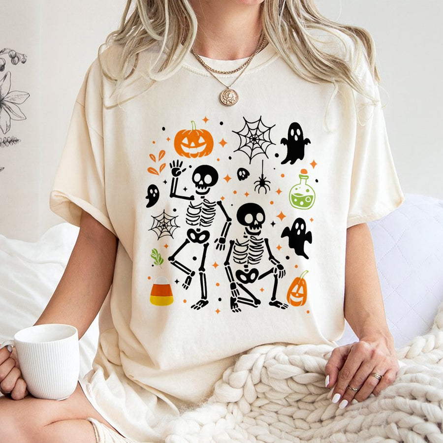 Skeleton Halloween T-Shirt | Spooky Ghost and Pumpkin Graphic | Premium 100% Cotton | Funny Fall Gift for Adults