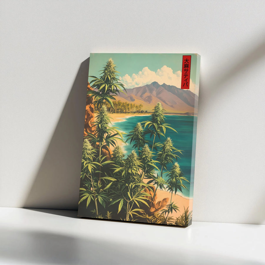 Cannabis Sativa Tropical Beach Canvas | Japanese Art Style Botanical Wall Decor | Premium 1.25-Inch Gallery Wrap | Unique Gift for Weed Enthusiasts