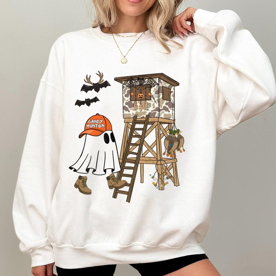 Candy Hunter Ghost Sweatshirt | Funny Camo Deer Stand Halloween Graphic | Cotton Blend Premium Crewneck | Spooky Fall Gift for Outdoorsmen