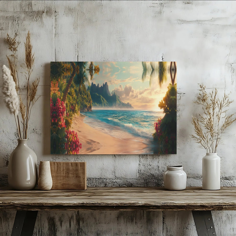 Tropical Beach Canvas Wall Art | Hawaiian Paradise Sunset Painting | Premium Gallery Wrapped Art | Coastal Living Room Decor Gift