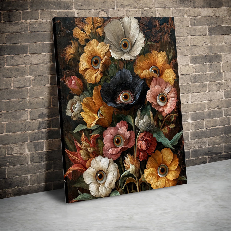 Surreal Flower Bouquet Canvas Wall Art | Whimsical Eyeball Floral Design | Premium Fade-Resistant Print | Unique Gothic Home Decor Gift