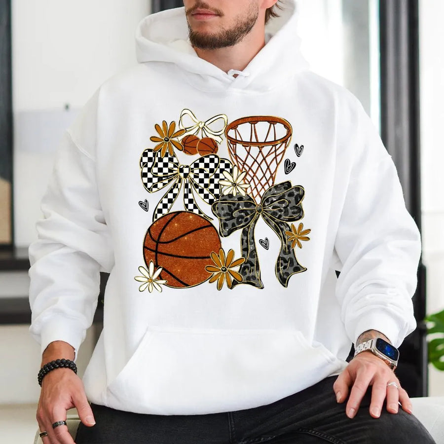 Coquette Basketball Hoodie | Preppy Bows and Floral Game Day Design | Premium Cotton Blend | Trendy Basketball Mom Gift for Her
