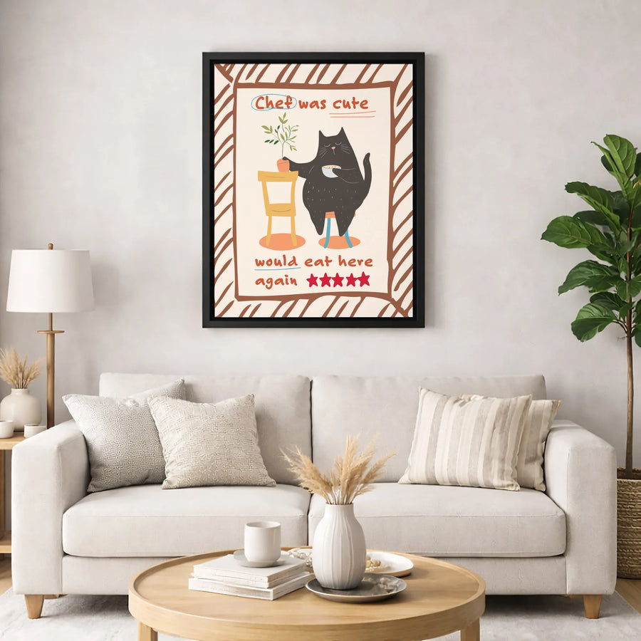 Funny Black Cat Wall Art | Chef Was Cute Would Eat Here Again Print | Premium Gallery Wrap Canvas | Whimsical Kitchen Decor Gift