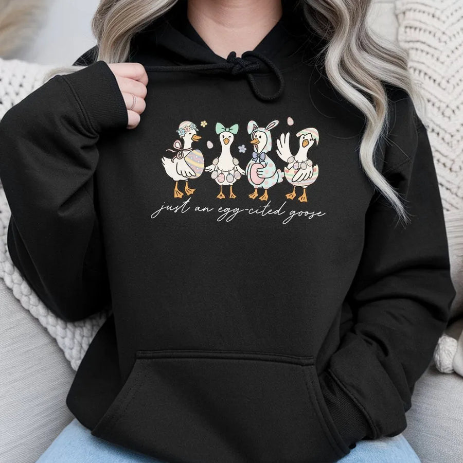 Egg Cited Goose Hoodie | Cute Easter Duck Illustration | Premium Cotton-Blend Sweatshirt | Funny Spring Gift For Women & Teens