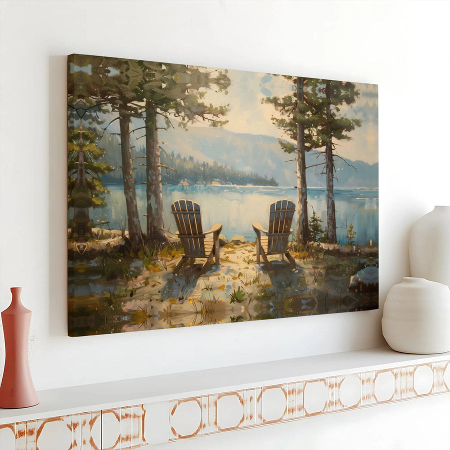 Lakeside Adirondack Chairs Canvas Print | Rustic Nature Landscape Wall Art | Premium 1.25" Gallery Wrap | Calming Home Decor Gift