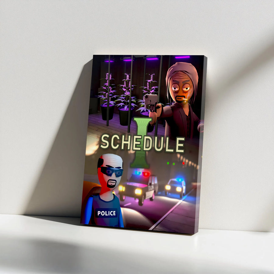 Schedule I Cannabis Art Canvas | Cartoon Police Grow Op Scene | Premium Gallery Wrap Wall Decor | Edgy Stoner Gift for Office