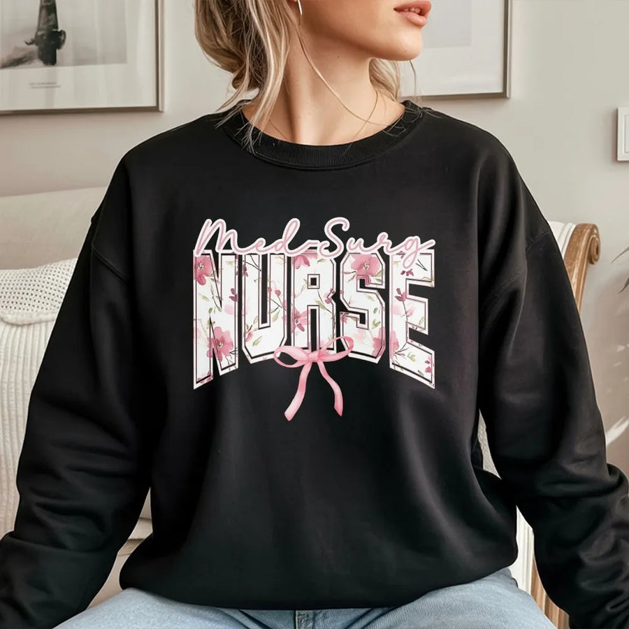Med Surg Nurse Sweatshirt | Aesthetic Floral Bow Graphic | Soft Cotton Tee | Nurse Graduation Gift for Medical Student