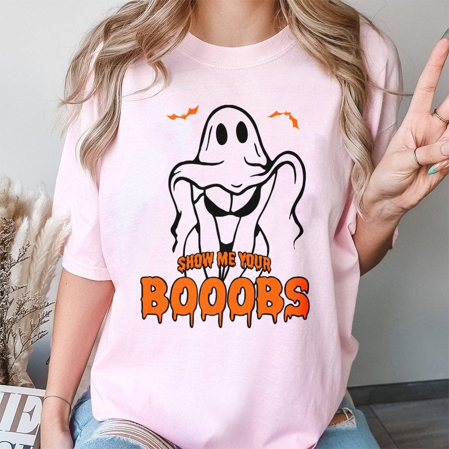 Show Me Your Booobs Ghost T-Shirt | Funny Halloween Pun Graphic | Premium Cotton Unisex Tee | Naughty Halloween Party Gift