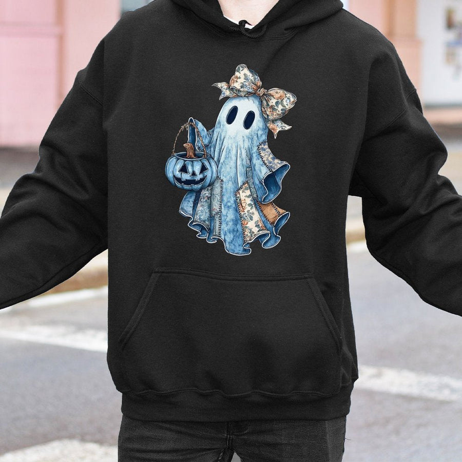 Cute Ghost Hoodie | Denim Patchwork Fall Graphic | Premium Cotton Blend | Spooky Halloween Gift for Women and Teens
