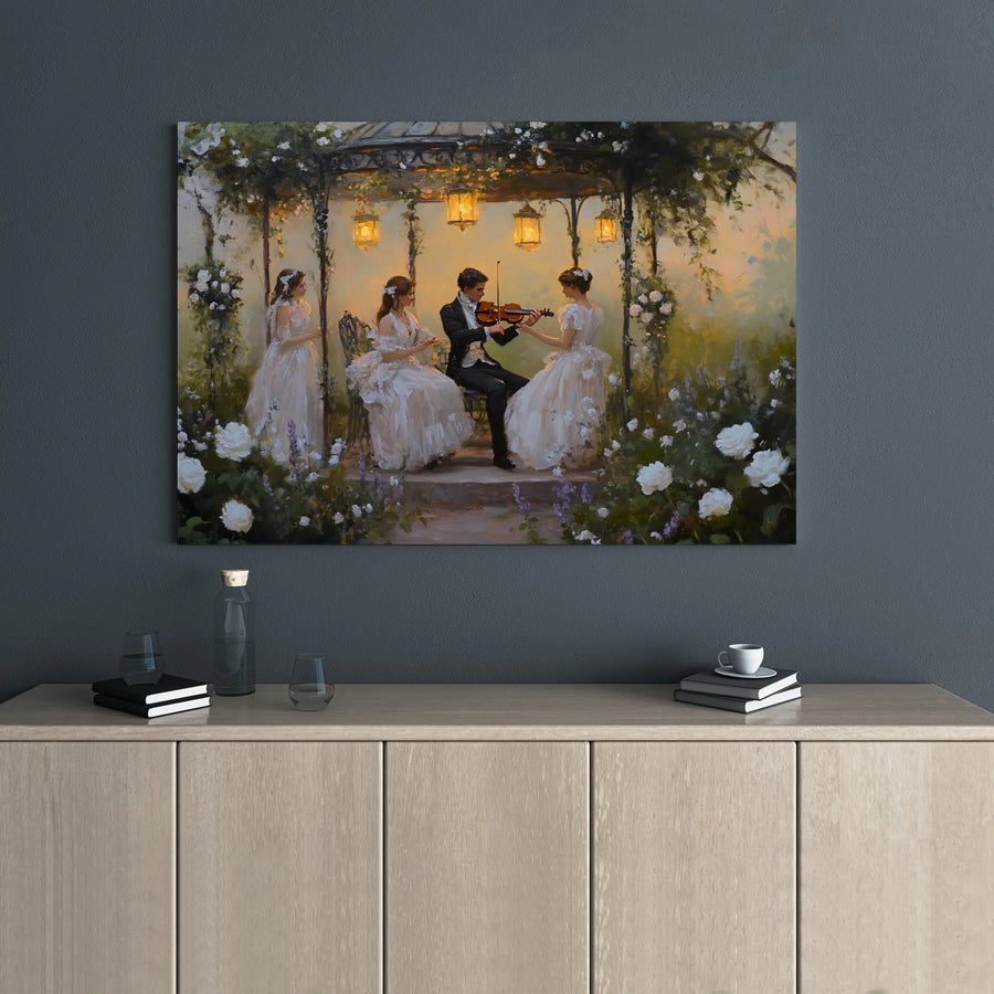 Romantic Garden Violin Canvas Wall Art | Impressionist Musical Couple Print | Premium Gallery Wrap Decor | Elegant Home Gift for Music Lovers
