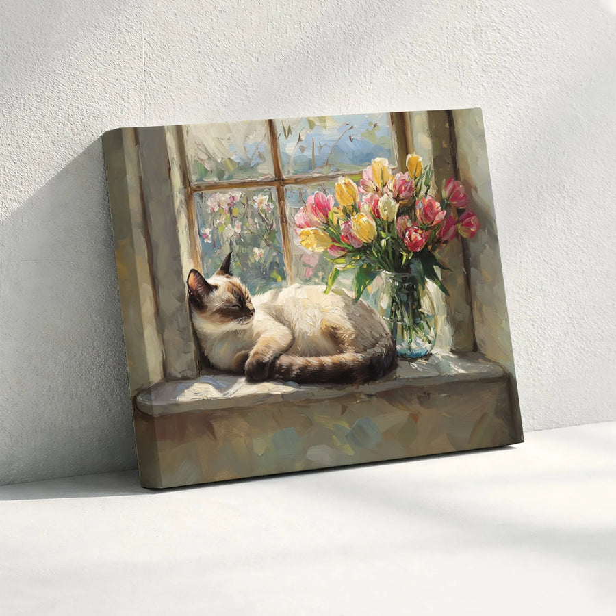 Siamese Cat Canvas Print | Sleeping Cat With Tulips Impressionist Art | Premium Gallery Wrapped Decor | Perfect Gift For Cat Lovers