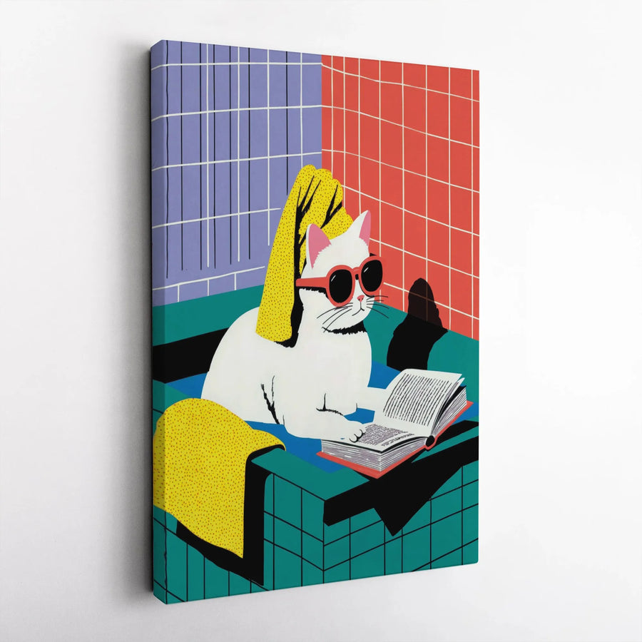 Cat Reading Book Wall Art | Pop Art Style Bathroom Decor | 1.25 Inch Premium Canvas | Unique Gift For Cat Lovers And Readers