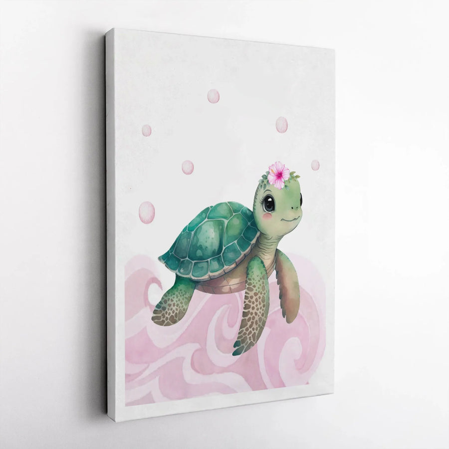 Cute Sea Turtle Wall Art | Watercolor Baby Turtle With Flower Crown | Premium Gallery-Wrapped Canvas Print | Nursery Decor Gift
