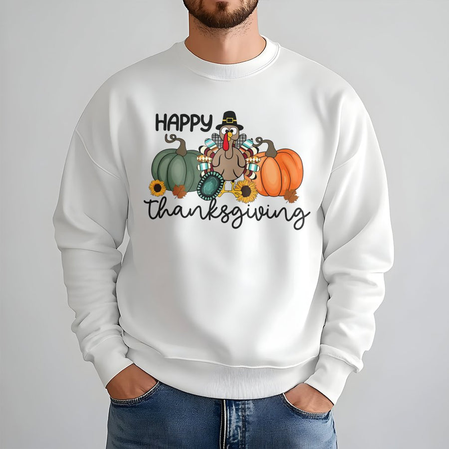 Happy Thanksgiving Sweatshirt | Cute Turkey Pumpkin Graphic Design | Soft Cotton Blend Fall Apparel | Cozy Holiday Gift for Women and Men