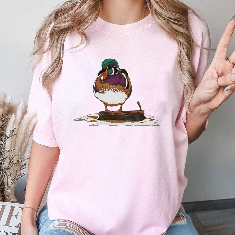 Wood Duck T-Shirt | Colorful Waterfowl Nature Illustration | Premium 100% Cotton Tee | Gift for Hunter Birdwatcher and Wildlife Enthusiast