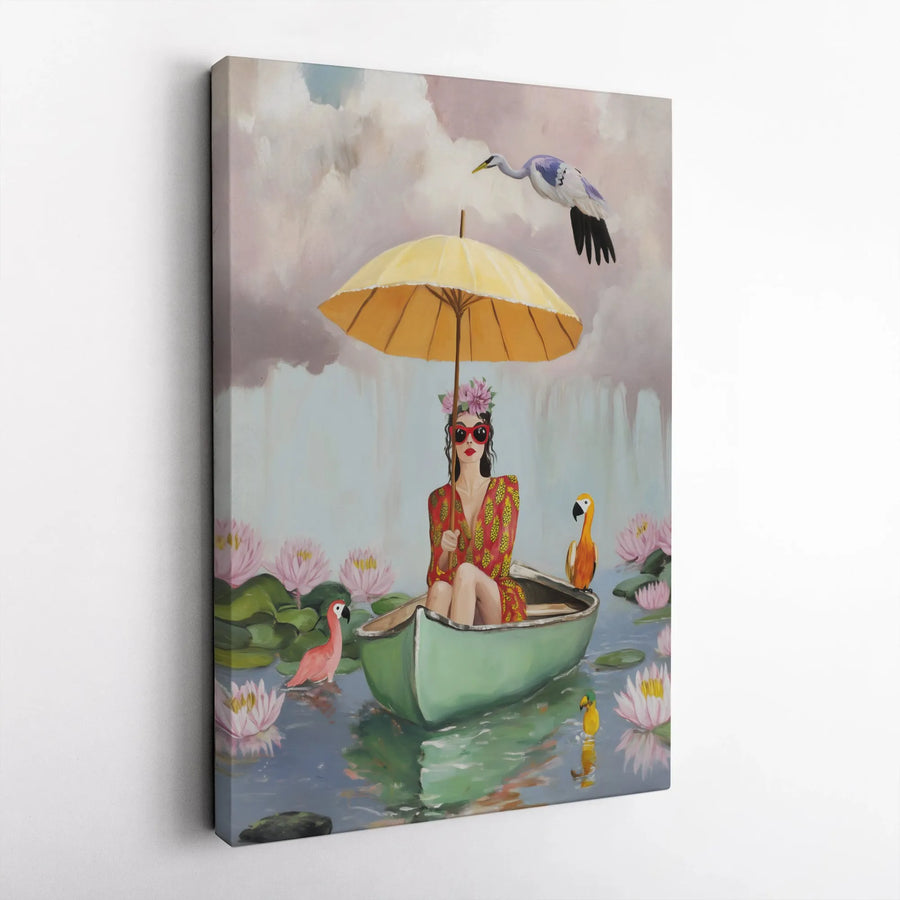 Surreal Woman in Boat Canvas Art | Painterly Scene with Umbrella & Flamingo | Premium Thick Gallery Wrapped Canvas | Eclectic Home Decor Gift for Her