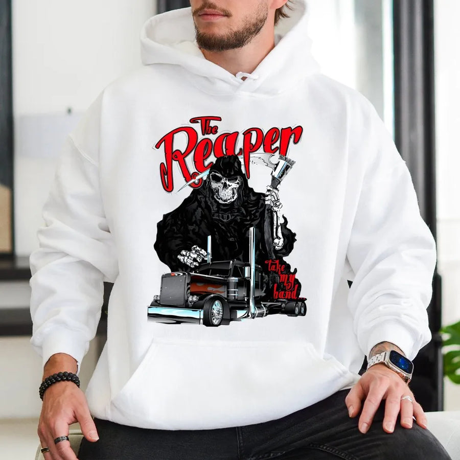 The Reaper Trucker Hoodie | Grim Reaper Semi Truck Graphic | Premium Cotton Blend Pullover | Biker Truck Driver Gift for Men