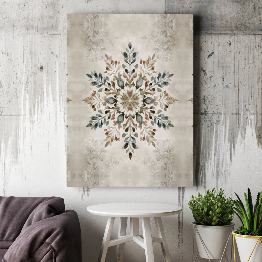 Botanical Mandala Wall Art | Watercolor Leaf Snowflake Design | Premium Gallery Wrapped Canvas | Earth Tone Home Decor Gift