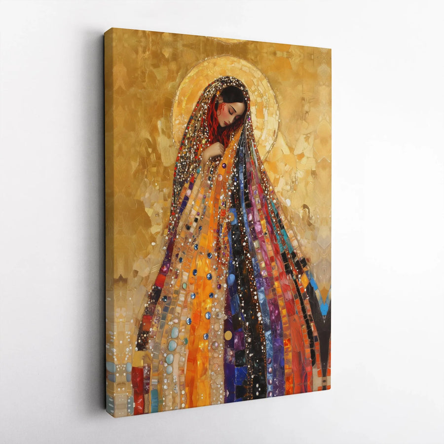 Virgin Mary Canvas Print | Mosaic Gold Halo Religious Wall Art | Premium Gallery Wrapped Decor | Spiritual Home Gift for Catholic Faith