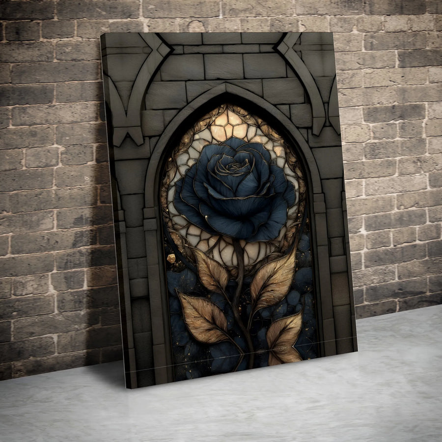 Gothic Blue Rose Canvas Wall Art | Stained Glass Floral Design | Premium Gallery Wrap Wooden Frame | Dark Academia Home Decor Gift