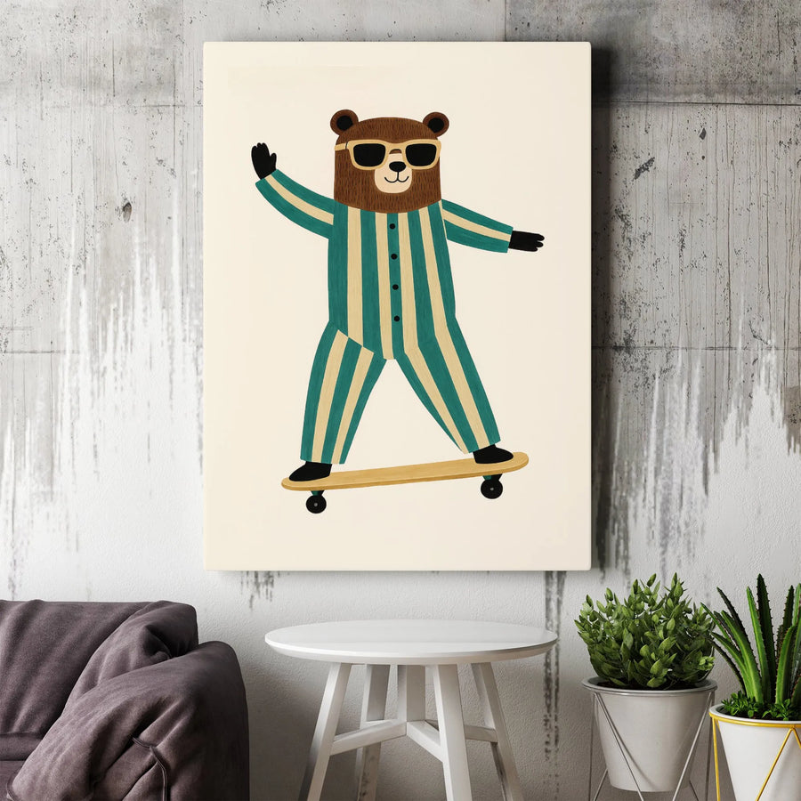 Skateboarding Bear Wall Art | Cool Bear in Pajamas Graphic Print | Premium 1.25-Inch Gallery Canvas | Nursery Decor or Kids Room Gift