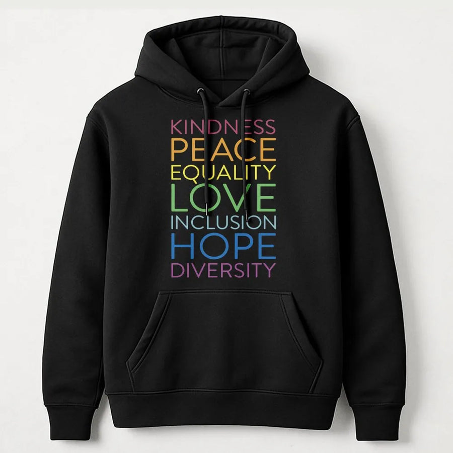 Kindness Equality Hoodie | Rainbow Typography Inspirational Quote | Premium Cotton-Blend Pullover | Unisex Gift for Social Justice Advocate