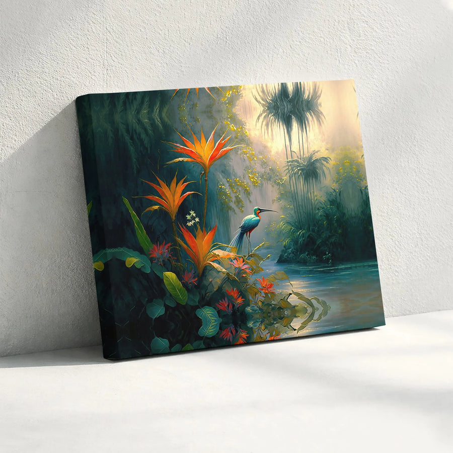 Tropical Rainforest Canvas Wall Art | Exotic Bird & Botanical Flowers Painting | Premium Gallery Wrapped Canvas | Nature Lover Decor Gift