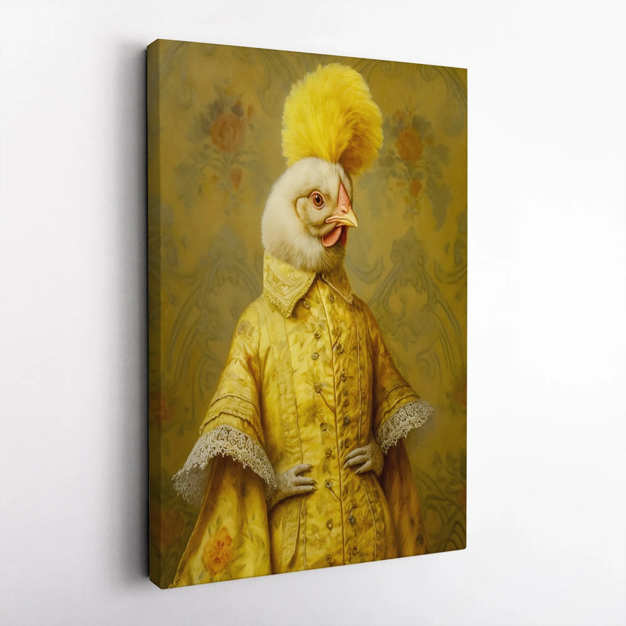 Anthropomorphic Chicken Canvas Art | Regal Polish Chicken in Yellow Coat | Premium Gallery-Wrap Wall Decor | Whimsical Animal Portrait Gift