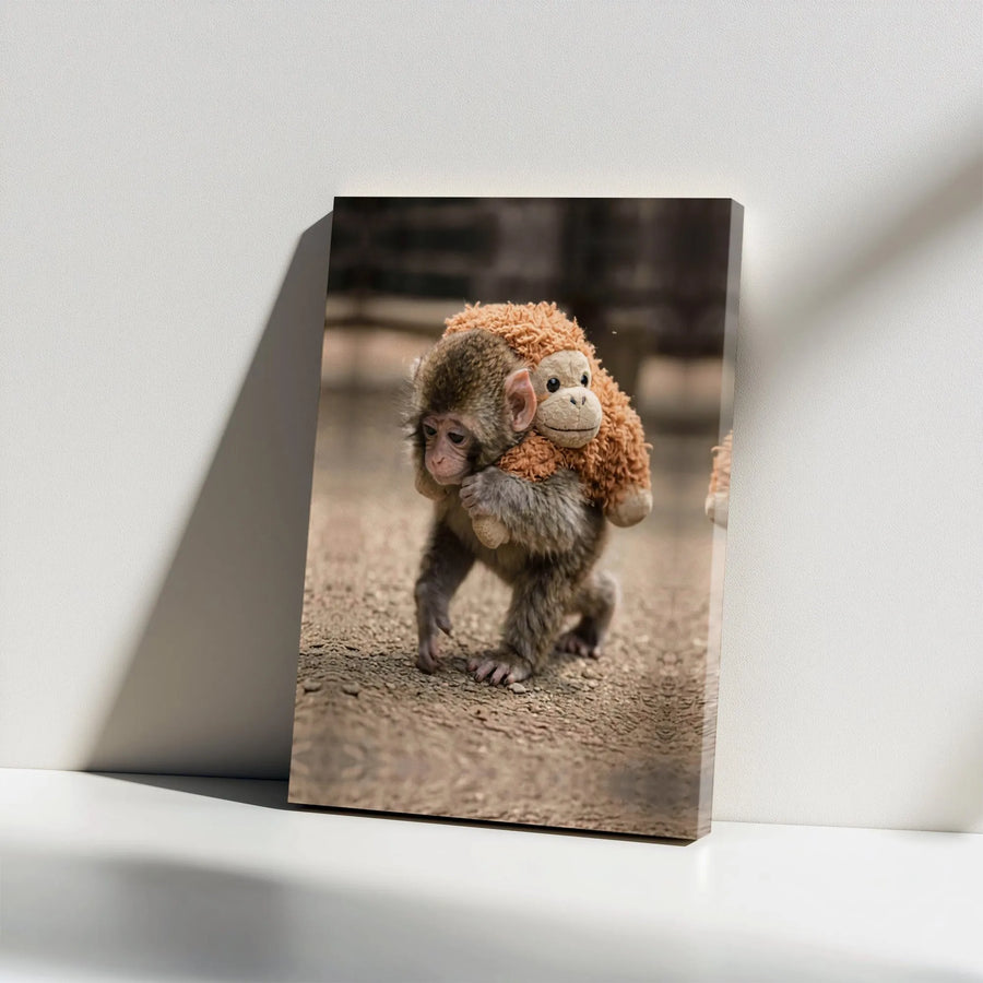 Baby Monkey Canvas Wall Art | Cute Monkey with Stuffed Animal Photo | Premium Gallery Wrapped Canvas | Nursery Decor & Animal Lover Gift
