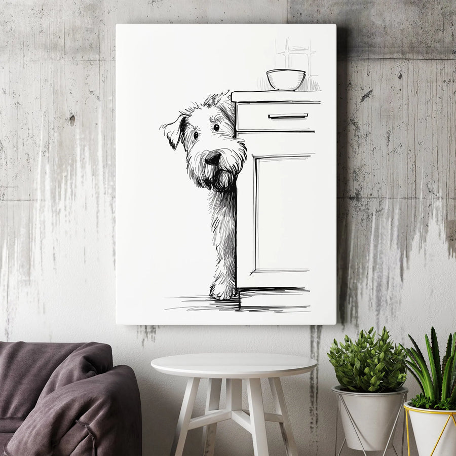 Scruffy Terrier Dog Art Canvas | Peeking Puppy Sketch Wall Decor | Premium 1.25 Inch Gallery Wrap | Unique Pet Lover Gift Idea