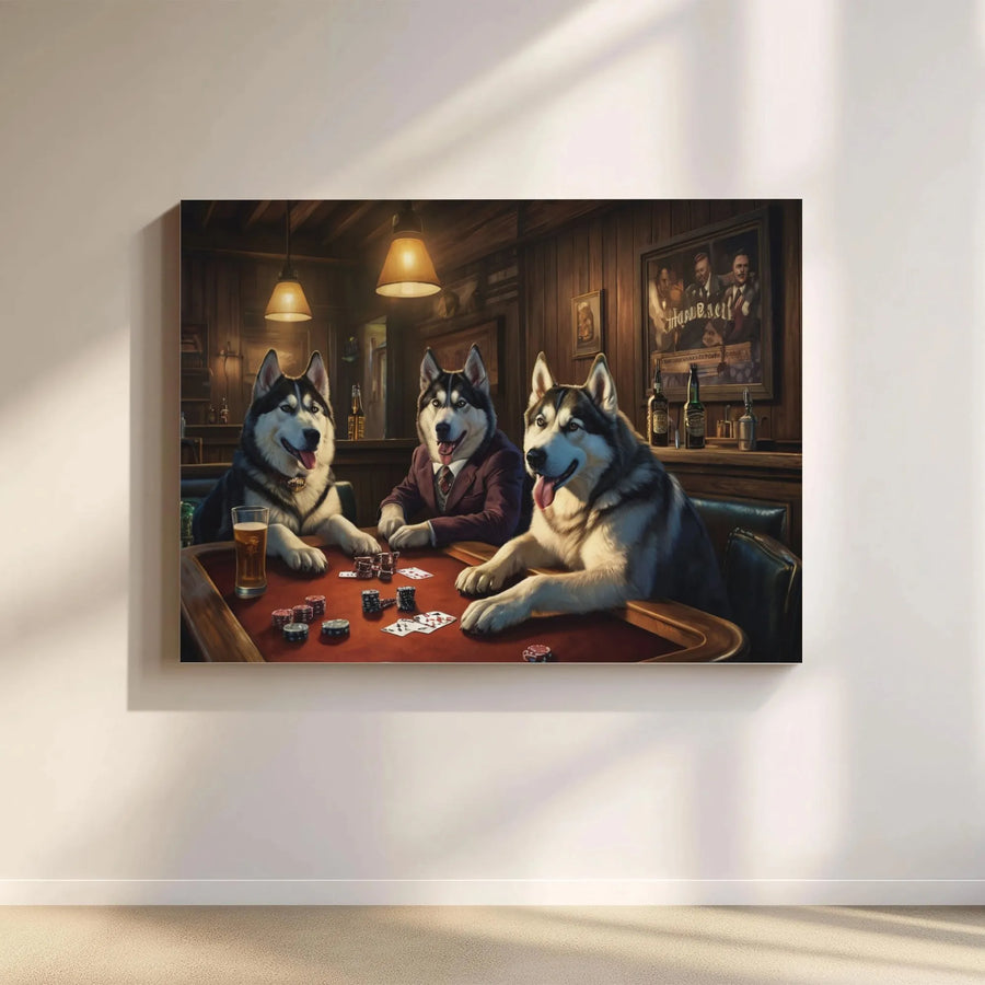 Siberian Husky Poker Canvas Print | Dogs Playing Poker Wall Art | Premium Gallery Wrap Decor | Unique Gift for Dog Lovers & Gamers