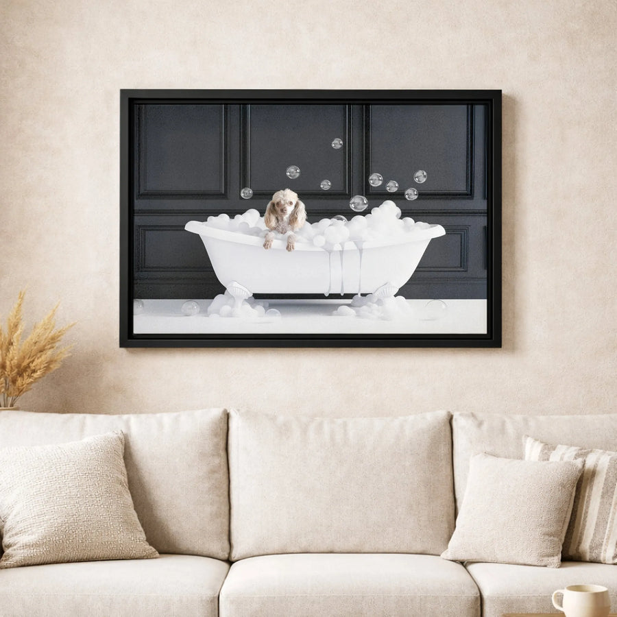Dog In Bathtub Canvas Wall Art | Whimsical Puppy Bubble Bath Print | Premium Gallery Wrap 1.25" Frame | Bathroom Decor Gift For Dog Lovers