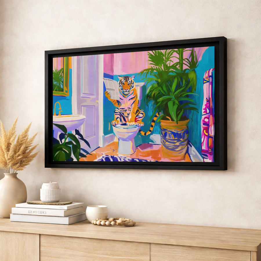 Tiger Reading Newspaper on Toilet Canvas Art | Whimsical Bathroom Decor | Gallery Quality 1.25 Inch Wrap | Funny Animal Wall Print for Home