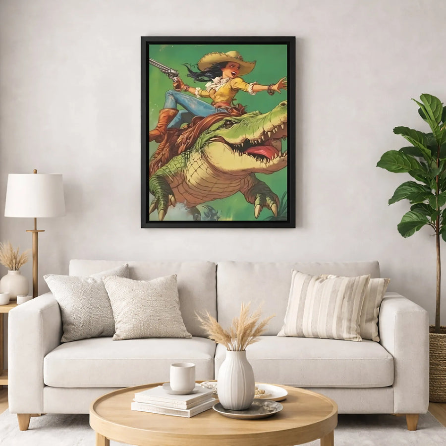 Cowgirl Riding Alligator Canvas Print | Western Fantasy Art | Premium Gallery Wrapped 1.25" Profile | Unique Wall Decor Gift for Her