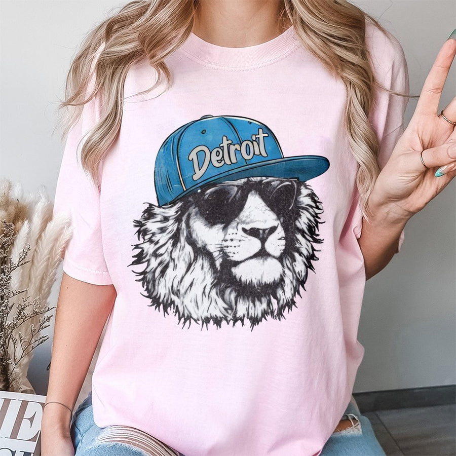 Detroit Lion Wearing A Baseball Cap And Sunglasses T-Shirt