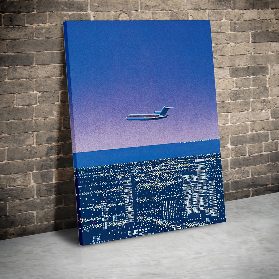 Airplane Over City Lights Canvas Wall Art | Nighttime Skyline Aerial View | Premium Gallery Wrap Print | Modern Decor For Travel Lovers