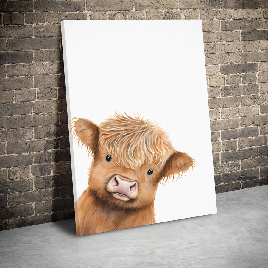 Highland Cow Canvas Wall Art | Peeking Baby Calf Watercolor Design | Premium Gallery Wrap Stretched Print | Farmhouse Nursery Home Decor