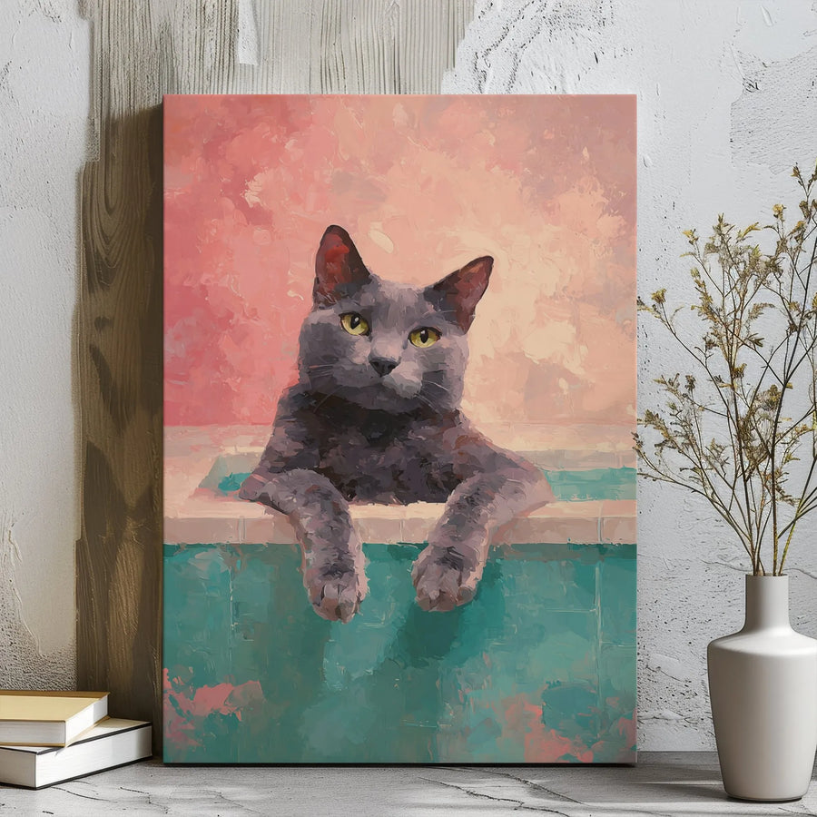 Grey Cat Bathing Canvas Wall Art | Impressionist Teal Bathroom Decor | Premium Gallery Wrapped Print | Cute Animal Lover Home Gift