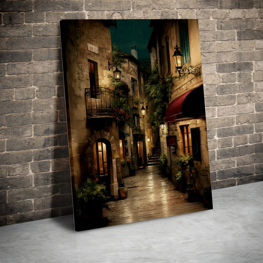 European Street Canvas Wall Art | Cozy Night Alleyway Oil Painting Style | Premium 1.25 inch Gallery Wrap | Atmospheric Home Decor Gift