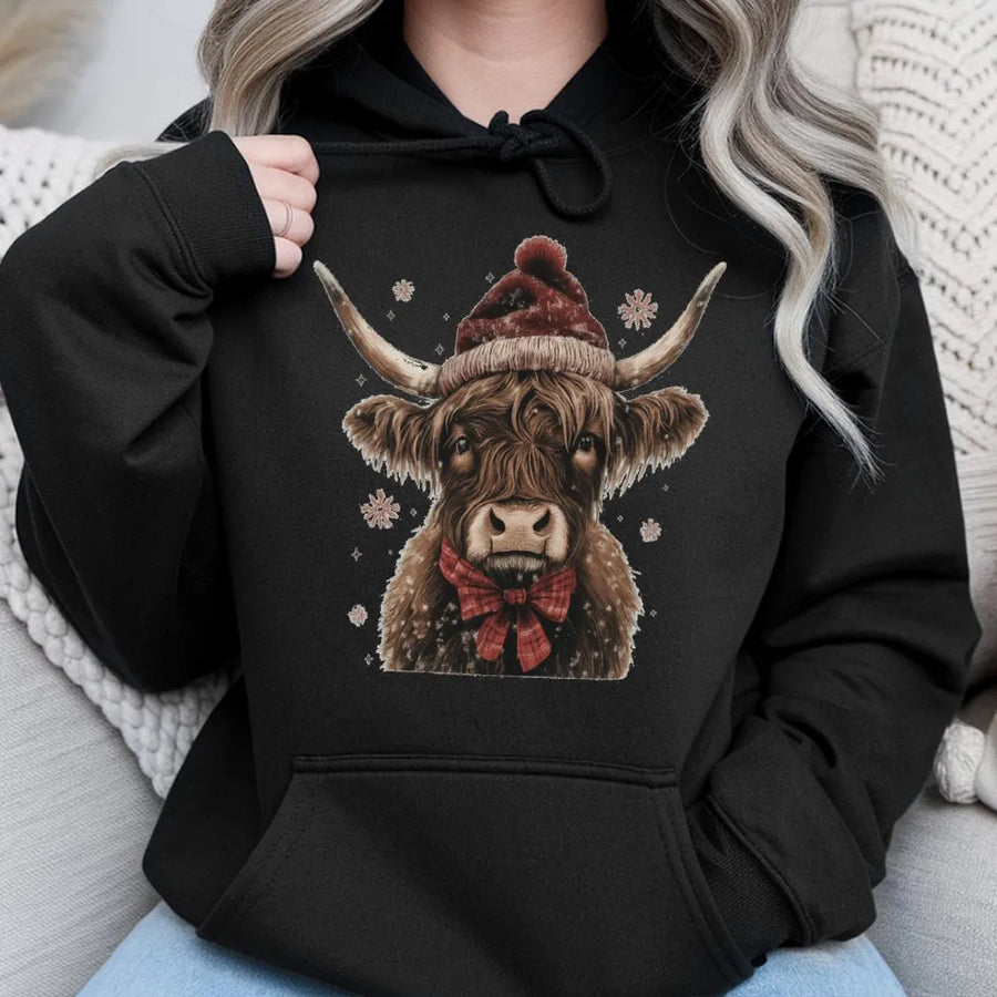 Christmas Highland Cow Hoodie | Cute Santa Hat Western Holiday Sweatshirt | Premium Cotton Blend | Festive Winter Gift For Women