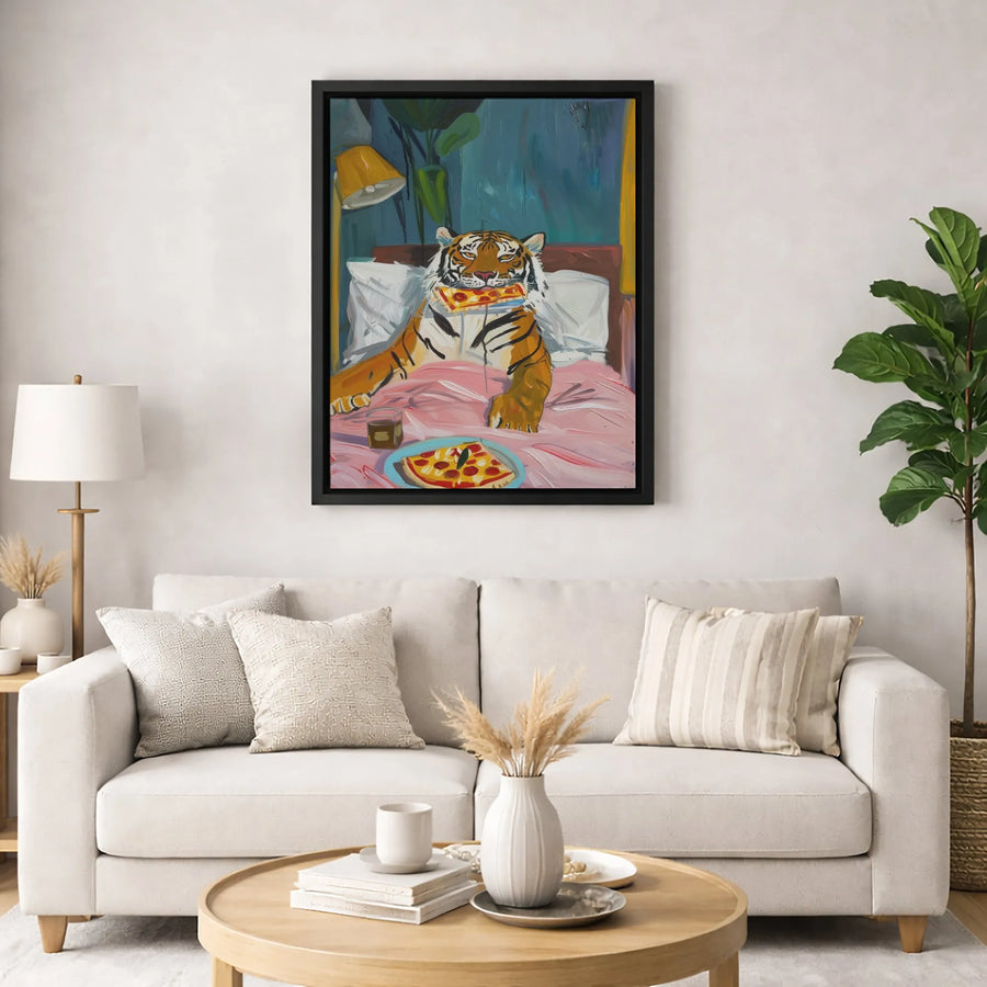 Tiger Eating Pizza Canvas Wall Art | Whimsical Animal Oil Painting Style | 1.25-Inch Premium Gallery Profile | Unique Home Decor Gift for Animal Lovers