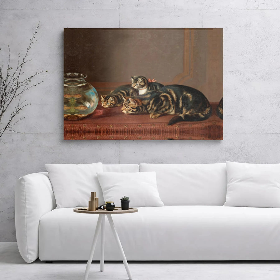 Vintage Cat Art Canvas | Tabby Cats Watching Goldfish Bowl | Premium Gallery Wrapped Decor | Whimsical Animal Wall Art Gift for Cat Lovers