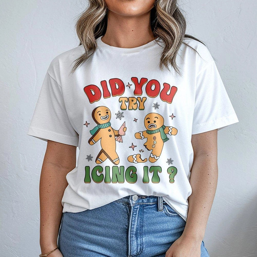 Did You Try Icing It? Funny Gingerbread Men T-Shirt | Retro Christmas Pun Graphic | 100% Cotton Premium Tee | Holiday Gift for Him & Her