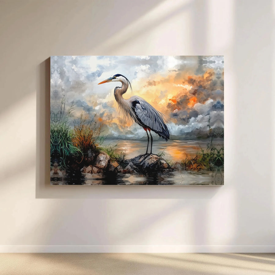 Great Blue Heron Canvas Wall Art | Watercolor Bird Painting at Sunset | Premium Matte Canvas Print | Coastal Home Decor Gift for Bird Watcher