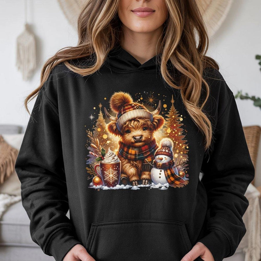 Highland Cow Christmas Hoodie | Festive Snowman & Hot Cocoa Graphic | Cotton-Poly Blend | Cozy Winter Gift For Animal Lovers
