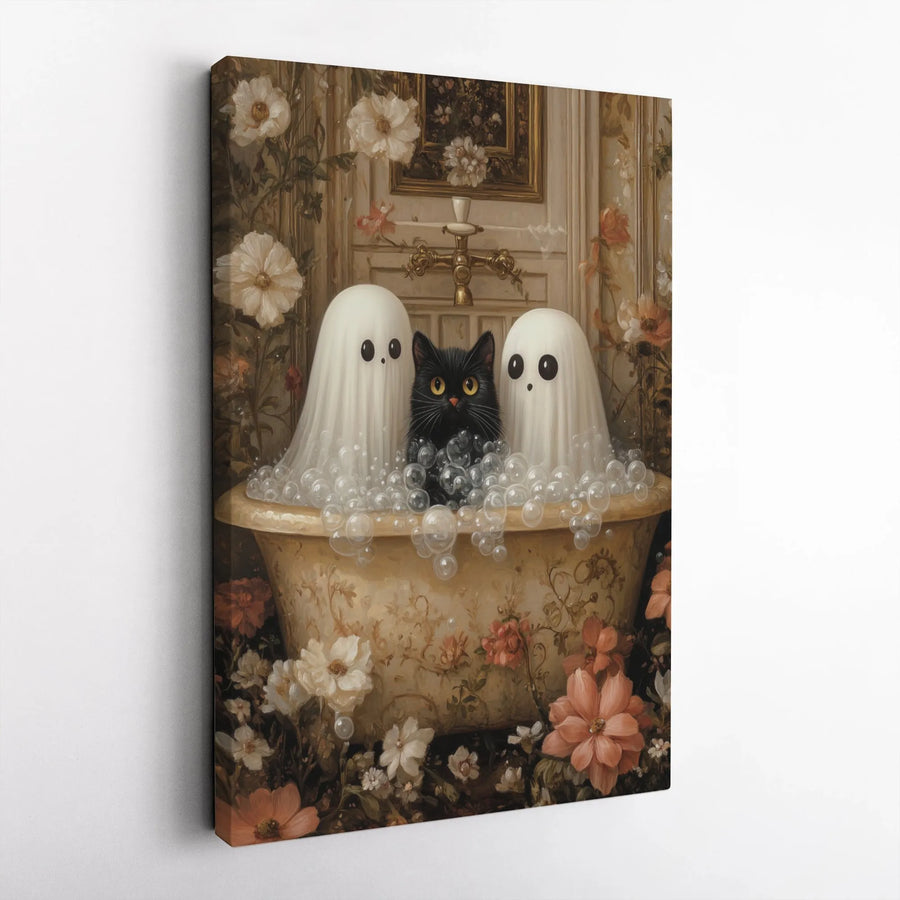 Ghost and Black Cat Wall Art | Whimsical Bathtub Floral Print | Premium 1.25-Inch Thick Gallery Canvas | Spooky Cute Home Decor Gift