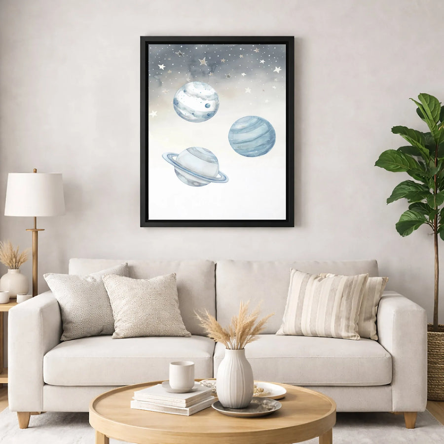 Watercolor Planet Wall Art | Celestial Blue Galaxy Nursery Decor | Gallery Quality 1.25” Thick Canvas | Space Themed Home Gift