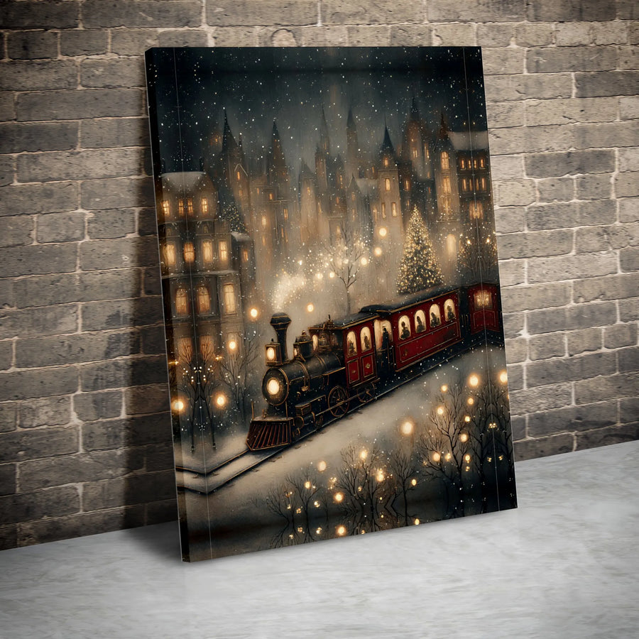 Christmas Steam Train Canvas Wall Art | Snowy Village Winter Scene | Premium Gallery Wrap Print | Festive Holiday Home Decor Gift
