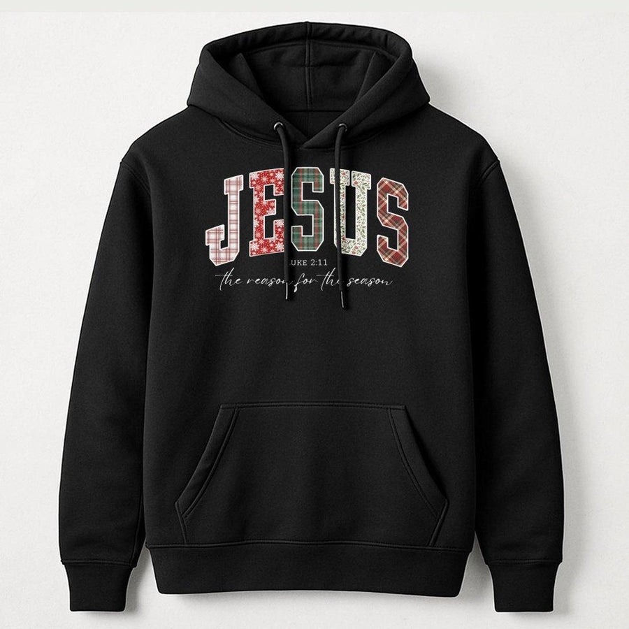 Jesus The Reason For The Season Hoodie | Plaid Lettering Bible Verse Graphic | Premium Cotton Blend Sweatshirt | Christian Christmas Gift For Her