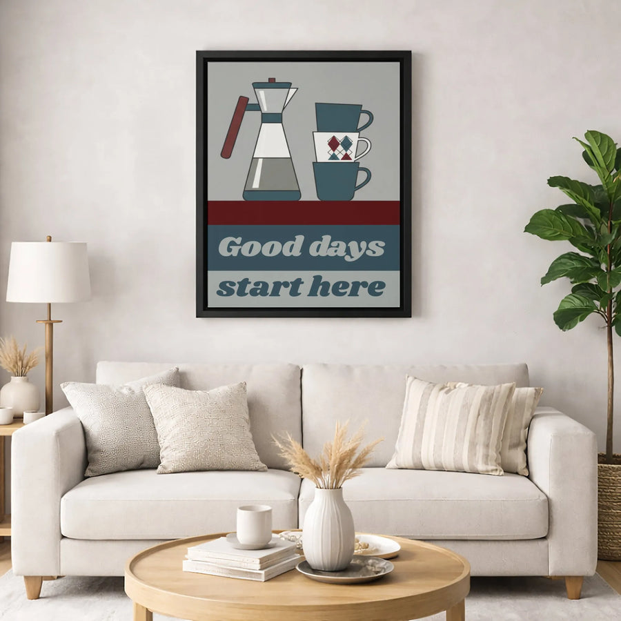 Good Days Start Here Coffee Canvas Print | Retro Moka Pot Wall Art | Premium 1.25-Inch Thick Gallery Wrap | Kitchen Decor Gift for Coffee Lovers